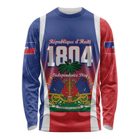 Unisex long-sleeve shirt, blue with red/white vertical panels and 1804 graphic