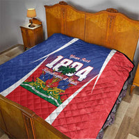 Personalized Haiti 1804 quilt on bed, blue-red-white flag print with 'Your Text' header