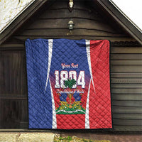 Personalized Haiti 1804 quilt hanging at doorway, blue and red panels with white center strip