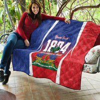 Personalized Haiti 1804 quilt held outdoors, blue-red sides and white center stripe with 'Your Text'