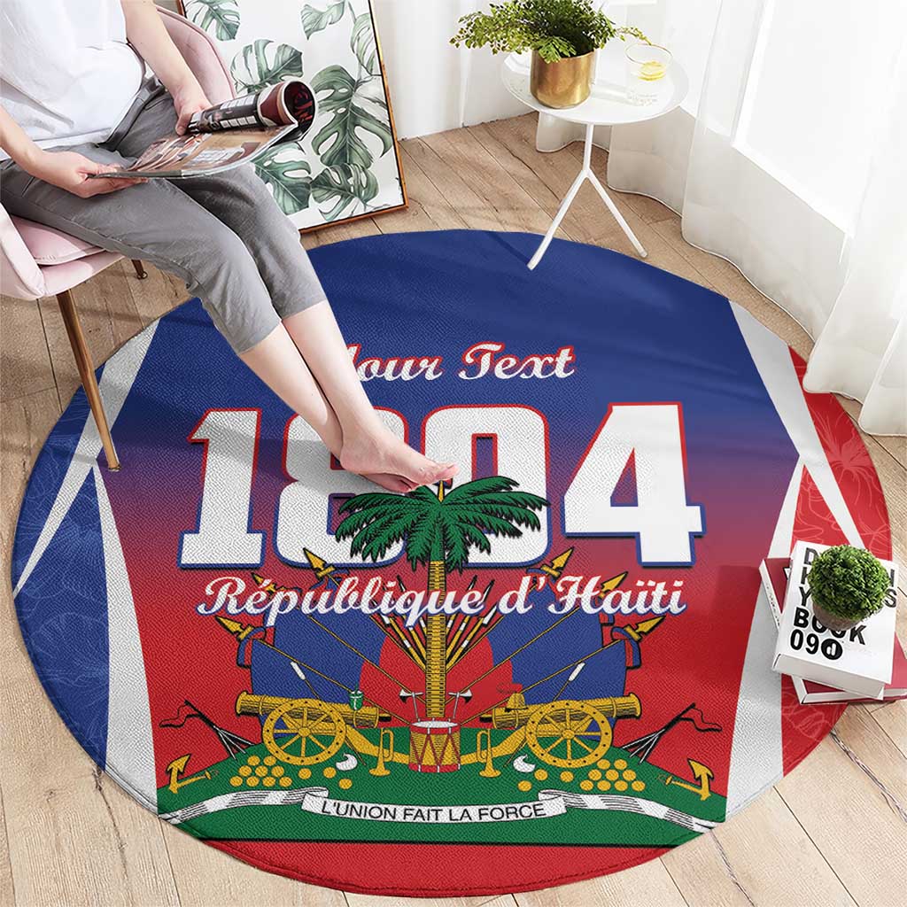 Blue round Haiti independence rug with "Your Text" and "L'Union Fait La Force" banner