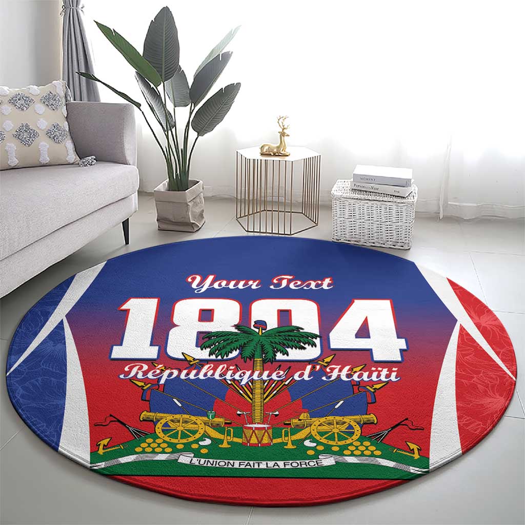 Round blue carpet with Haiti 1804 design and personalized text