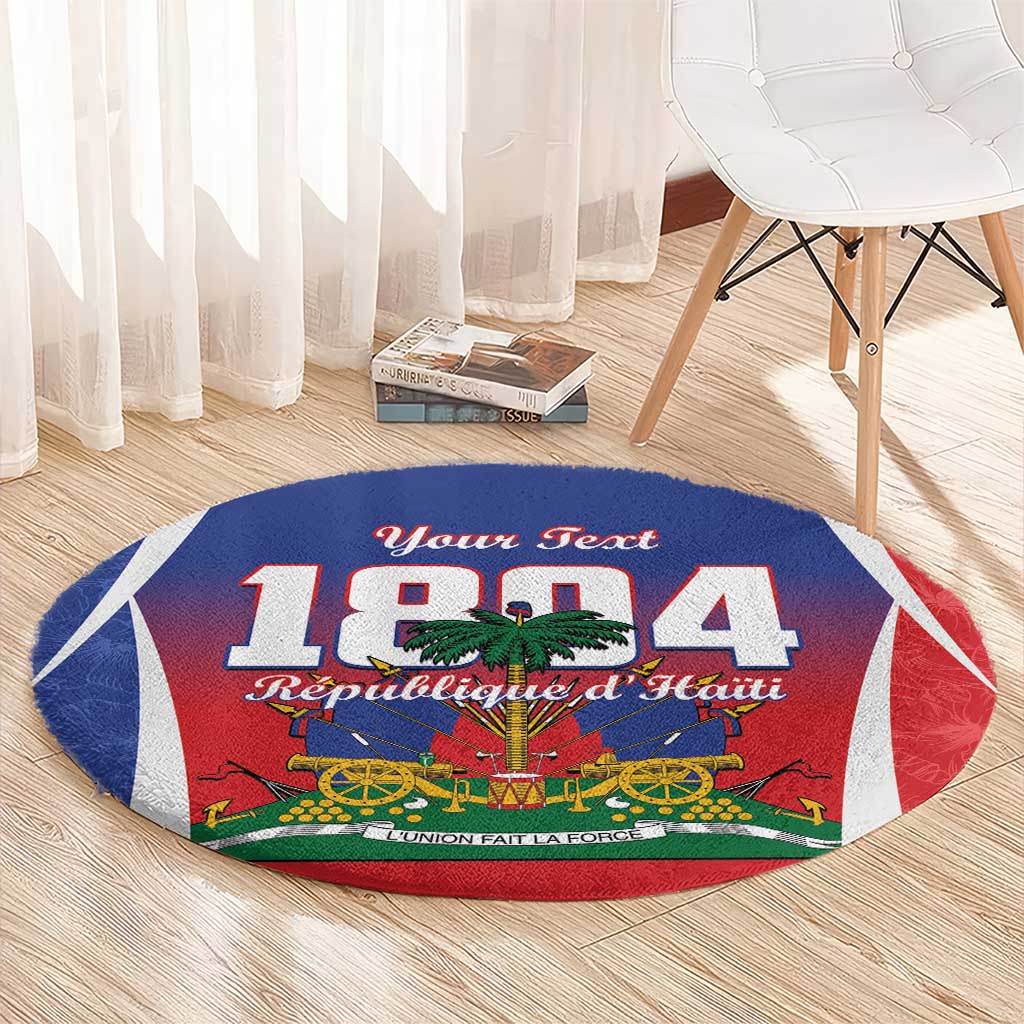 Blue round Haiti flag rug with "Your Text" header, palm tree emblem, and cannon details