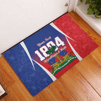 Haiti 1804 rubber doormat on wood floor, blue/red center with 1804 and Your Text