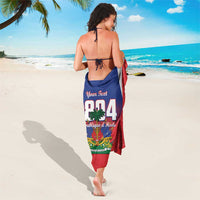 Personalized Haiti 1804 sarong worn as skirt, vertical blue and red panel with 1804