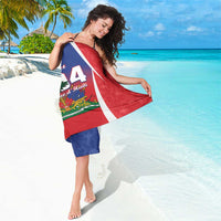 Personalized Haiti 1804 sarong held on beach, red and blue panels with white border