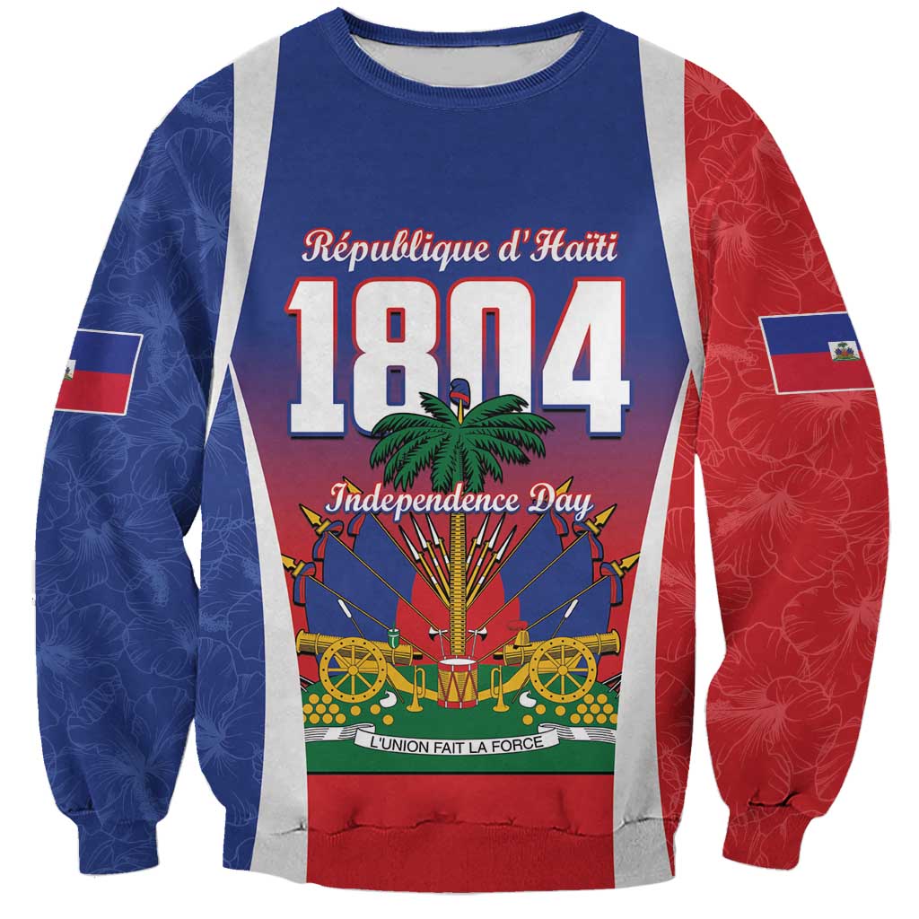 Unisex blue and red patriotic sweatshirt with '1804' front graphic and palms