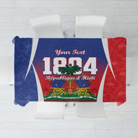 Personalized Haiti 1804 tablecloth with red, blue, and white panel design and custom text