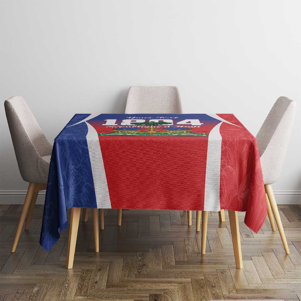 Tablecloth with blue and red sections, white stripe border, and Haiti-themed printed center