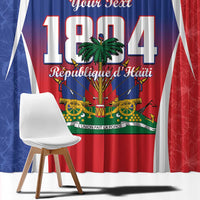 Window curtain panel with Haiti 1804 print, palms and coat of arms on red-blue