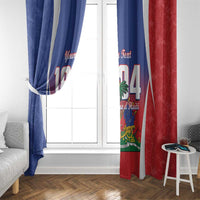 Window curtain set with blue and red panels featuring Haiti 1804 graphic