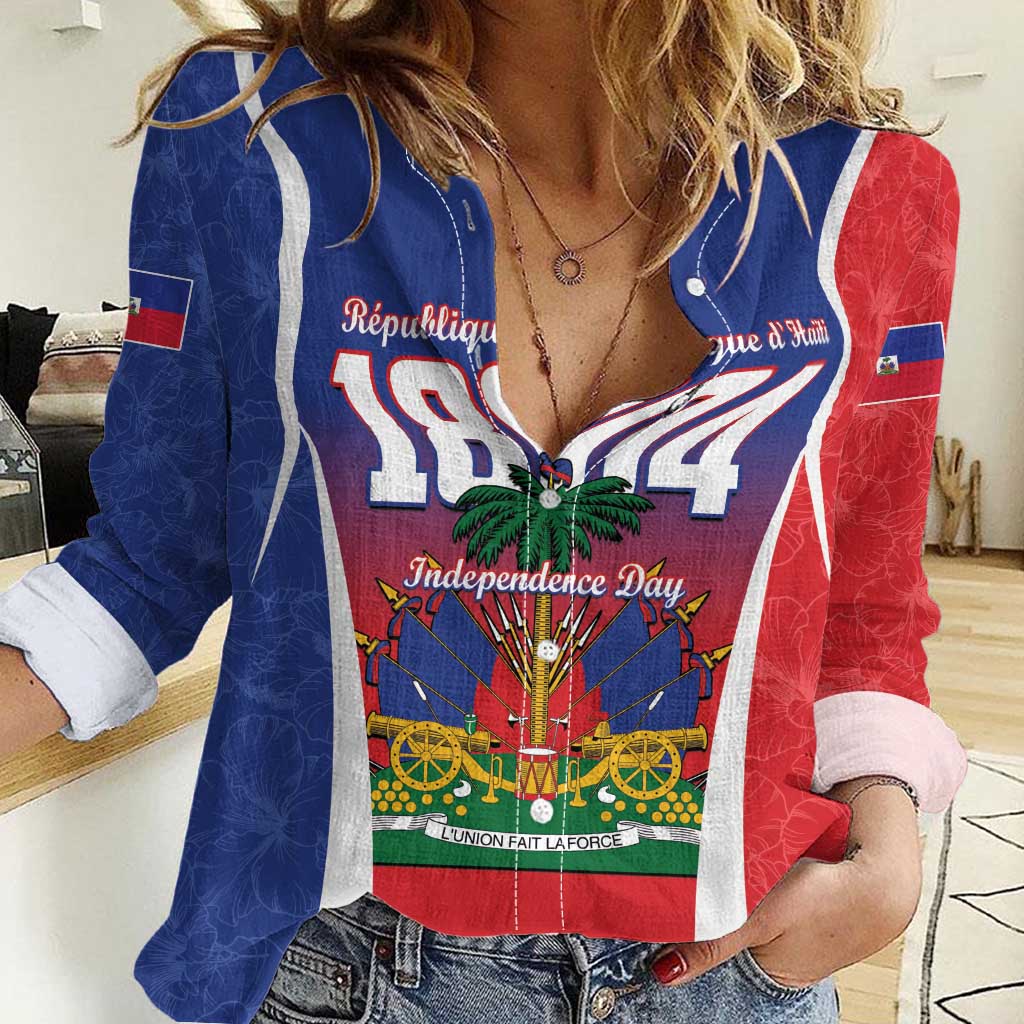 Women’s casual button-up shirt with open collar and bold Independence Day 1804 print