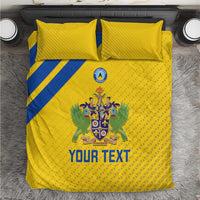 Yellow football bedding set with blue diagonal stripe, crest emblem, and 'YOUR TEXT'