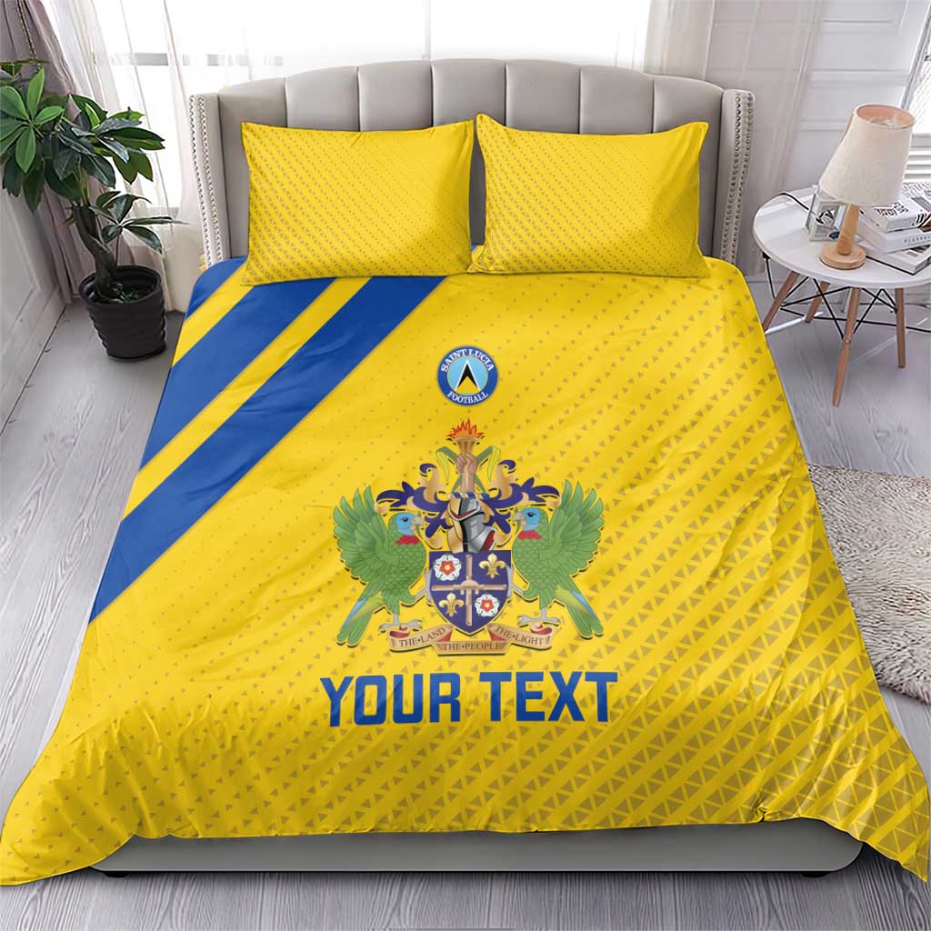 Yellow football bedding set with two pillowcases, blue stripe, crest emblem, and 'YOUR TEXT'