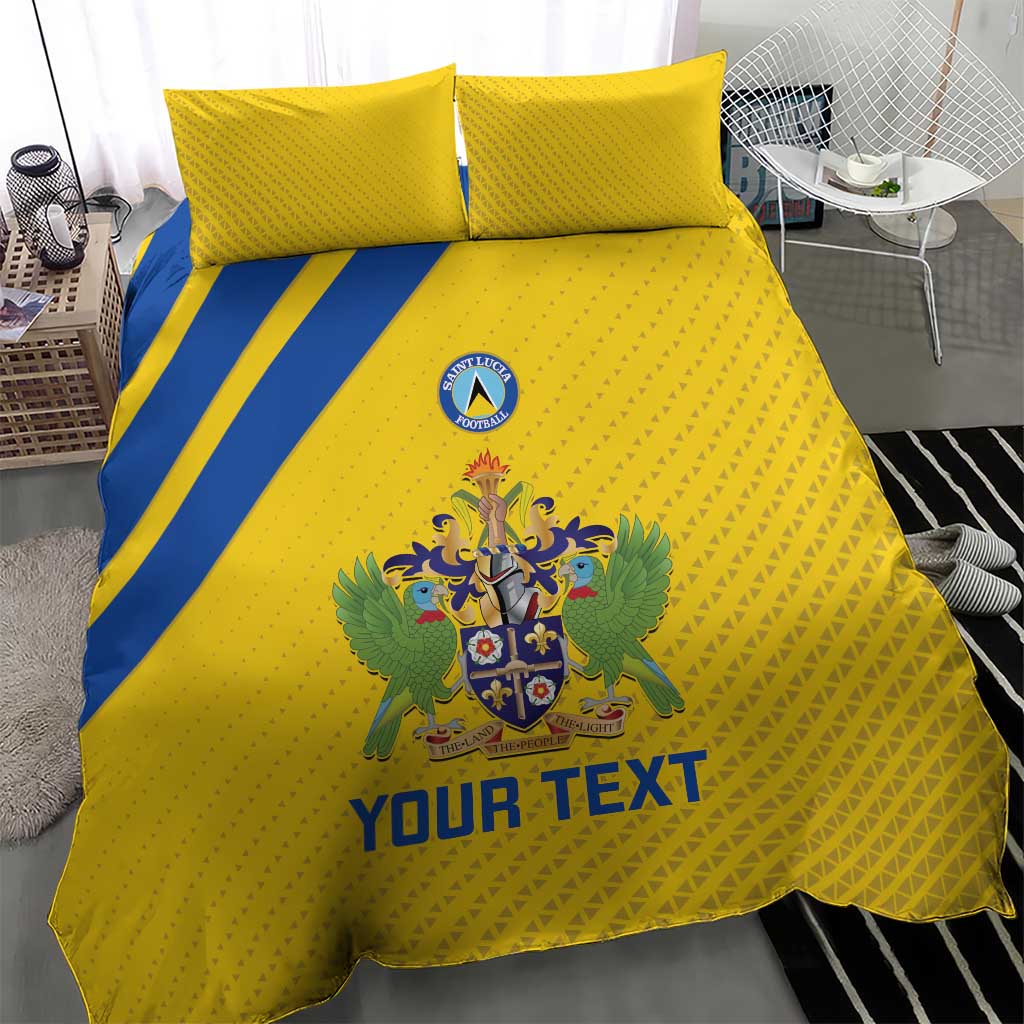 Yellow football bedding set with blue side stripe, crest emblem, and 'YOUR TEXT' on duvet
