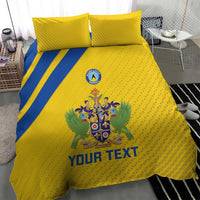 Yellow football bedding set with blue side stripe, crest emblem, and 'YOUR TEXT' on duvet