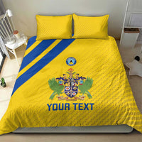 Yellow football bedding set with blue diagonal stripe, crest emblem center, and two pillowcases