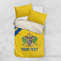 Yellow football bedding set with gray pillowcases, crest emblem, blue stripe, and 'YOUR TEXT'