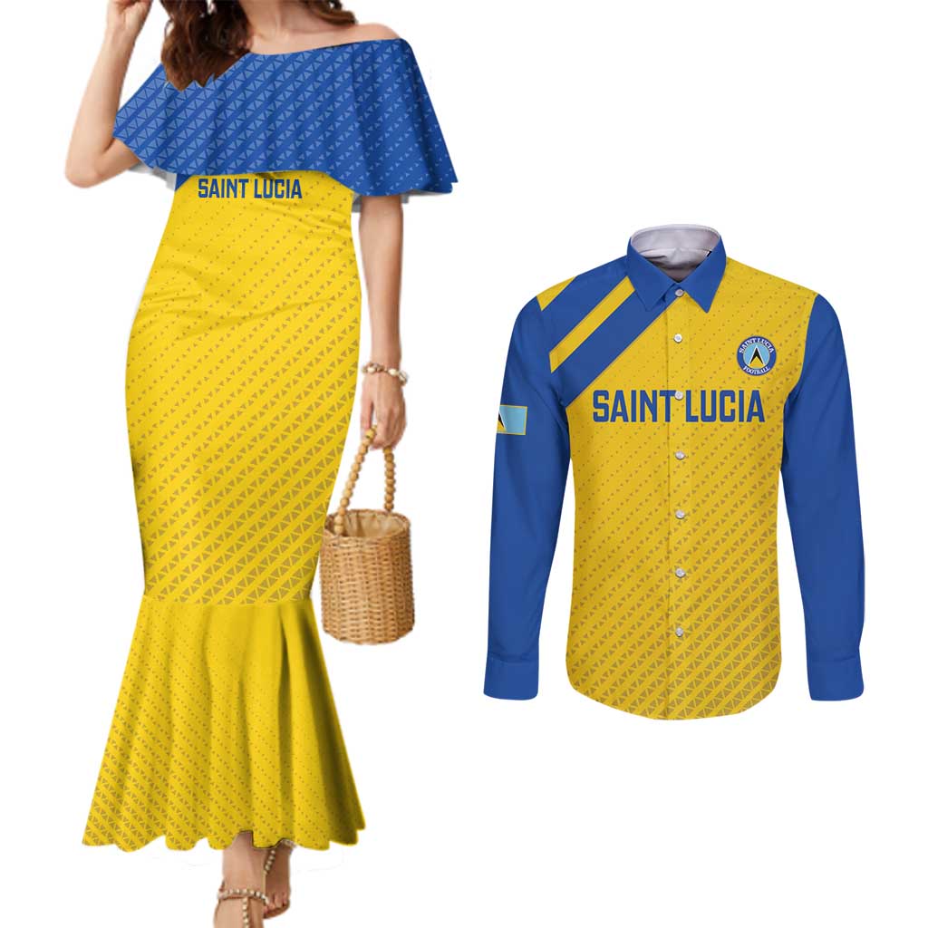 Custom Saint Lucia Football Couples Matching Mermaid Dress and Long Sleeve Button Shirt 2025 Go Champions - Yellow Version