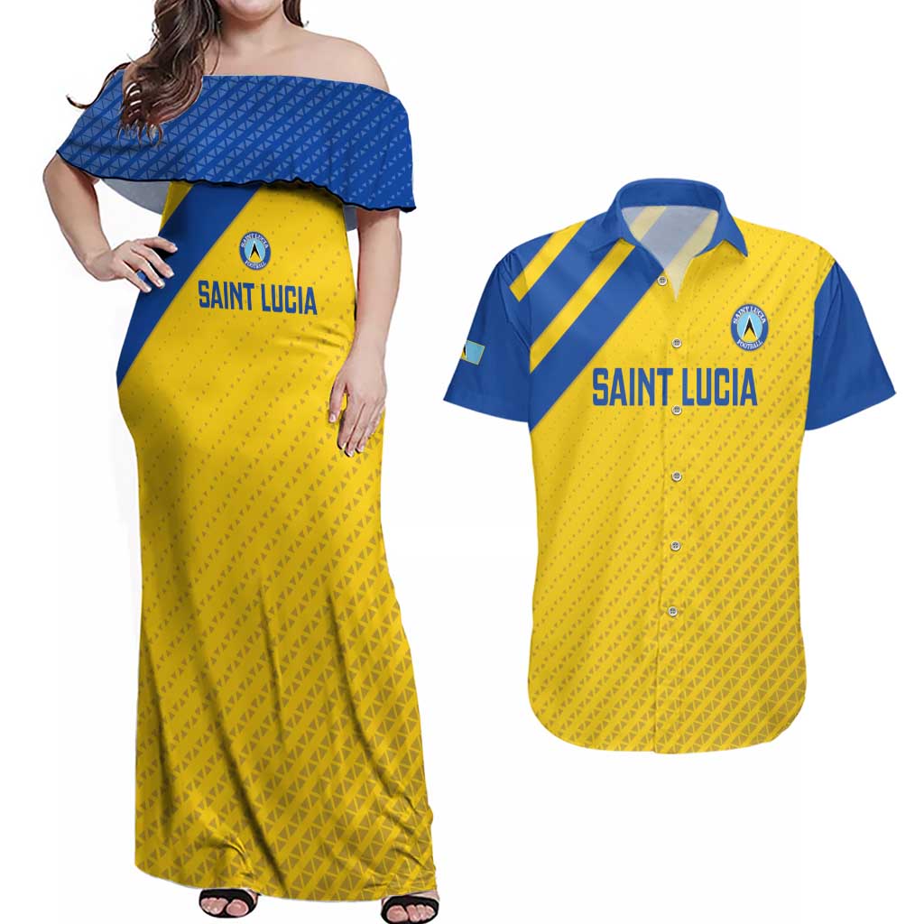 Custom Saint Lucia Football Couples Matching Off Shoulder Maxi Dress and Hawaiian Shirt 2025 Go Champions - Yellow Version