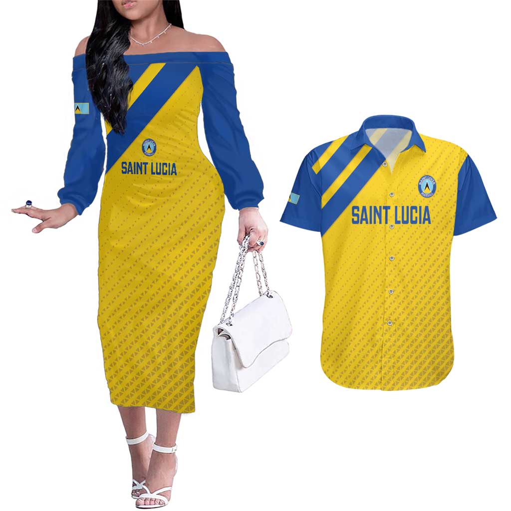 Custom Saint Lucia Football Couples Matching Off The Shoulder Long Sleeve Dress and Hawaiian Shirt 2025 Go Champions - Yellow Version