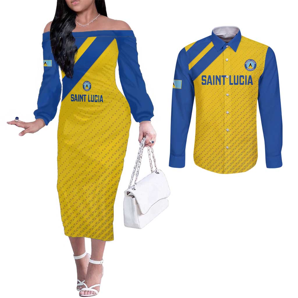 Custom Saint Lucia Football Couples Matching Off The Shoulder Long Sleeve Dress and Long Sleeve Button Shirt 2025 Go Champions - Yellow Version