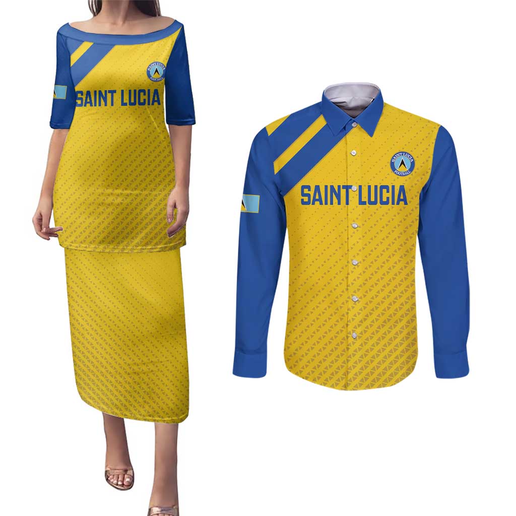 Custom Saint Lucia Football Couples Matching Puletasi and Long Sleeve Button Shirt 2025 Go Champions - Yellow Version