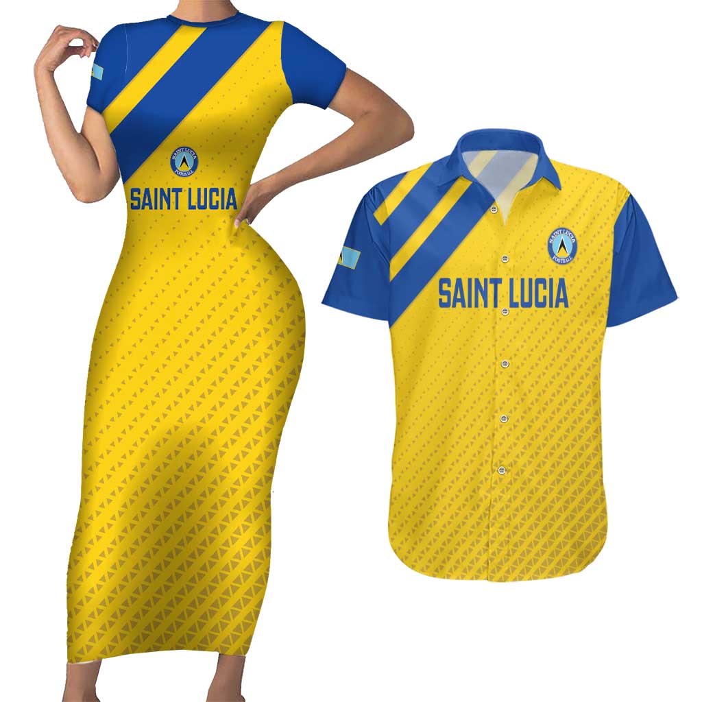 Custom Saint Lucia Football Couples Matching Short Sleeve Bodycon Dress and Hawaiian Shirt 2025 Go Champions - Yellow Version