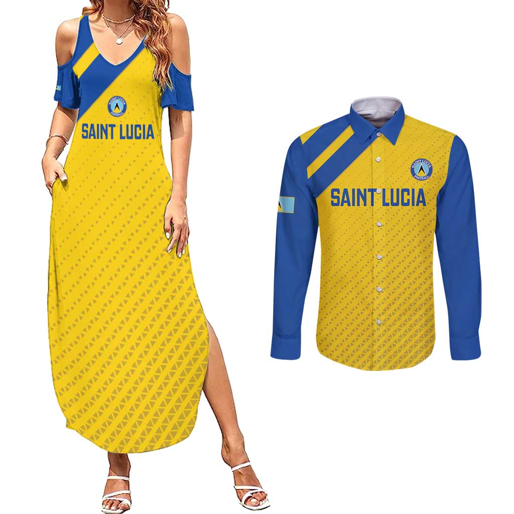 Custom Saint Lucia Football Couples Matching Summer Maxi Dress and Long Sleeve Button Shirt 2025 Go Champions - Yellow Version