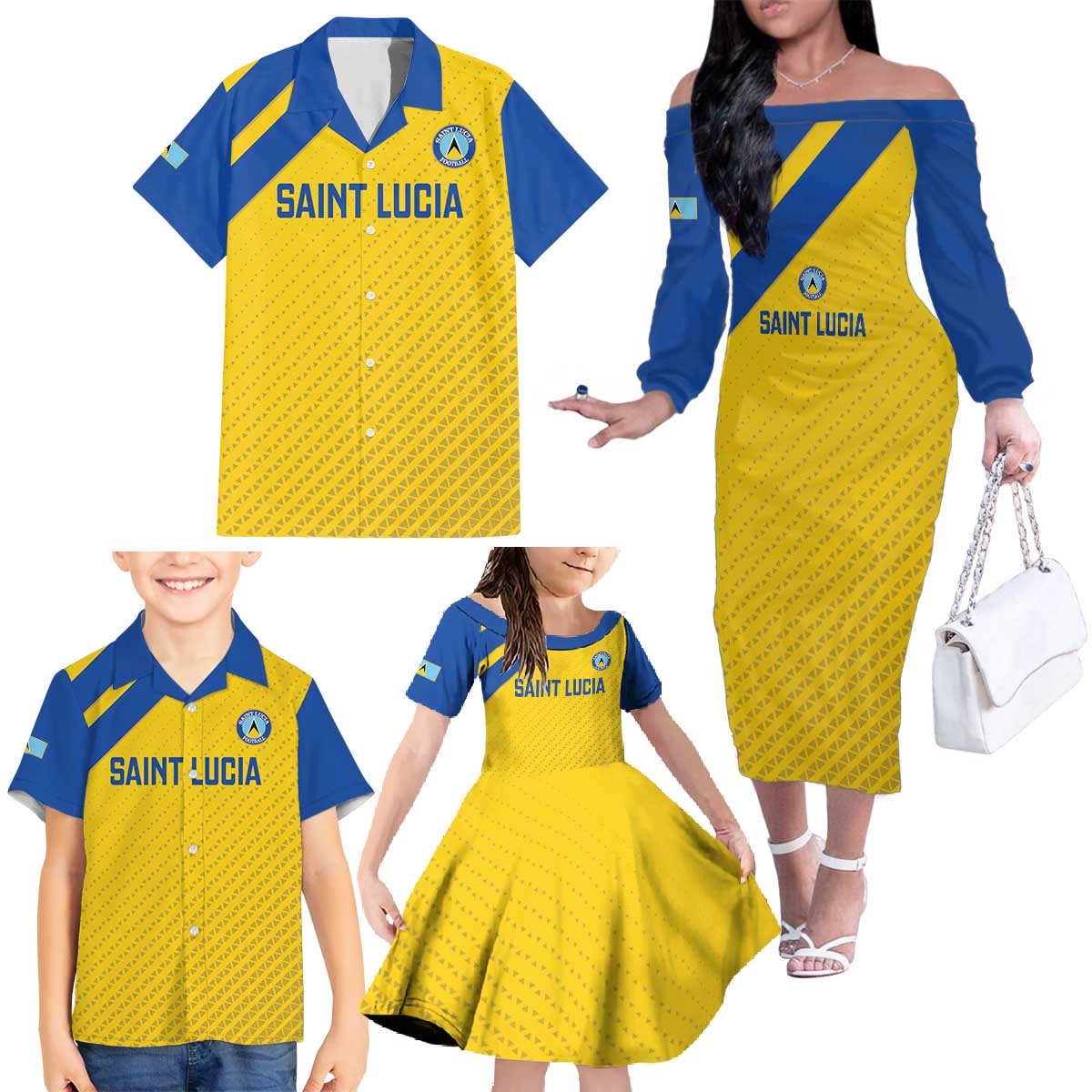 Custom Saint Lucia Football Family Matching Off The Shoulder Long Sleeve Dress and Hawaiian Shirt 2025 Go Champions - Yellow Version