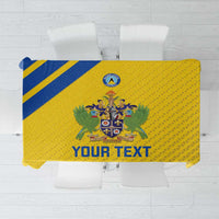 Yellow football tablecloth with blue diagonal stripe, crest and 'YOUR TEXT' center