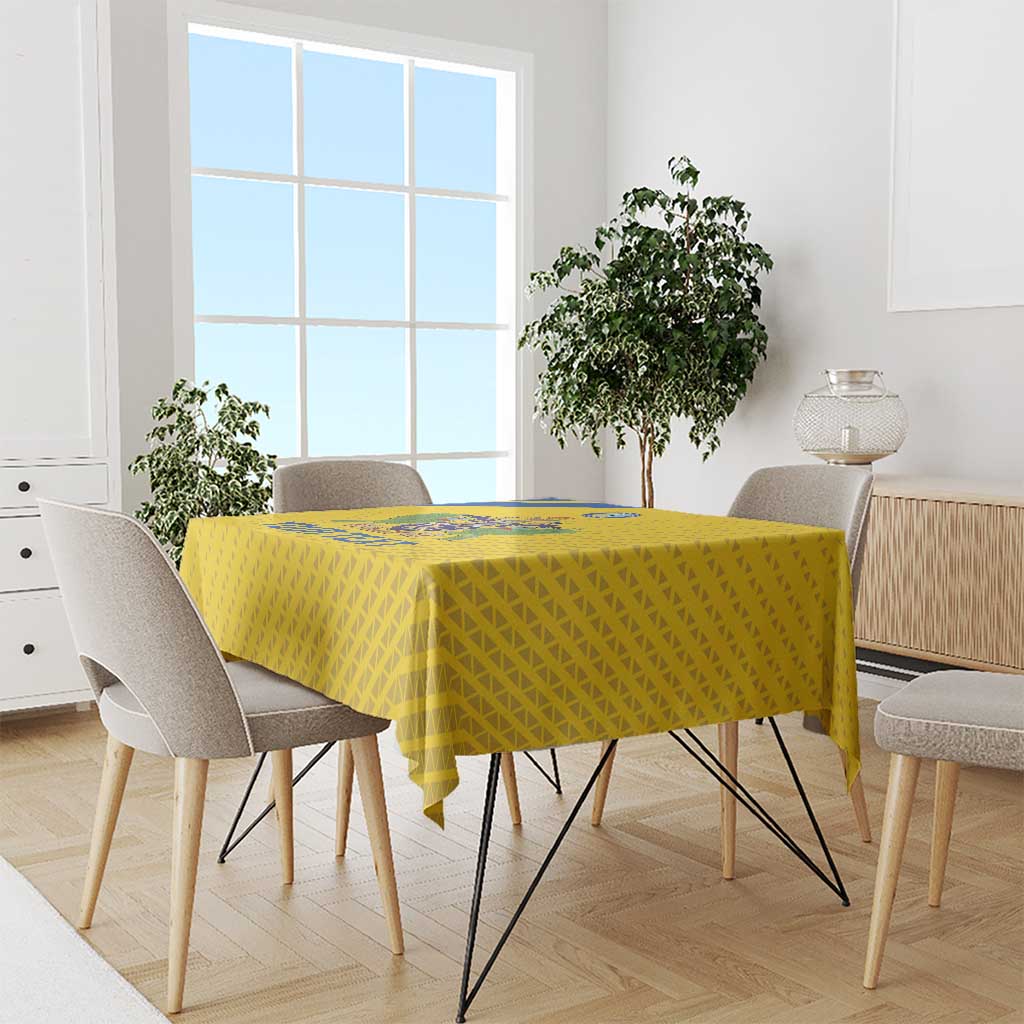 Yellow football tablecloth with geometric triangle pattern on dining table