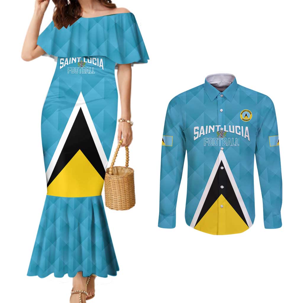 Custom Saint Lucia Football Couples Matching Mermaid Dress and Long Sleeve Button Shirt Flag Style