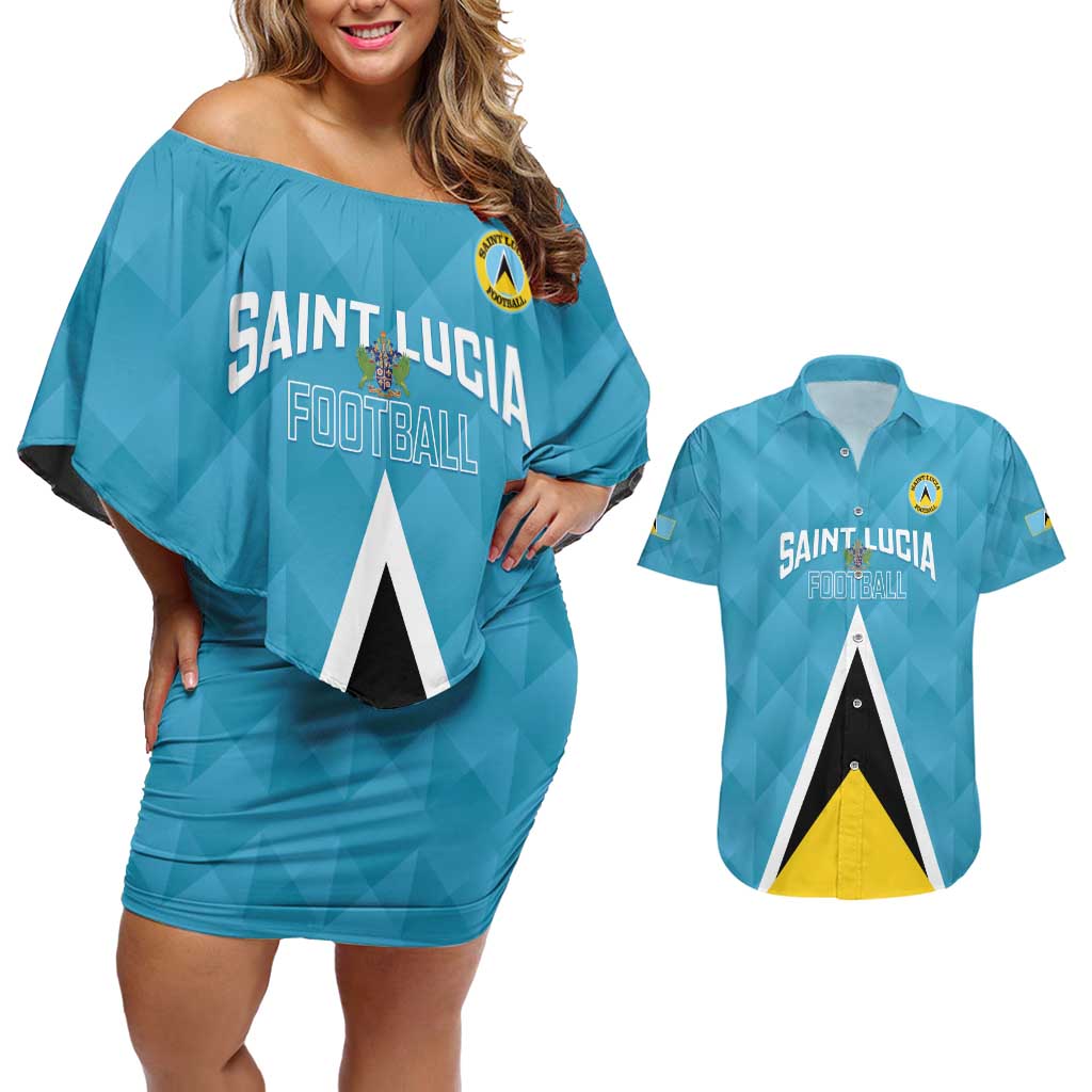 Custom Saint Lucia Football Couples Matching Off Shoulder Short Dress and Hawaiian Shirt Flag Style