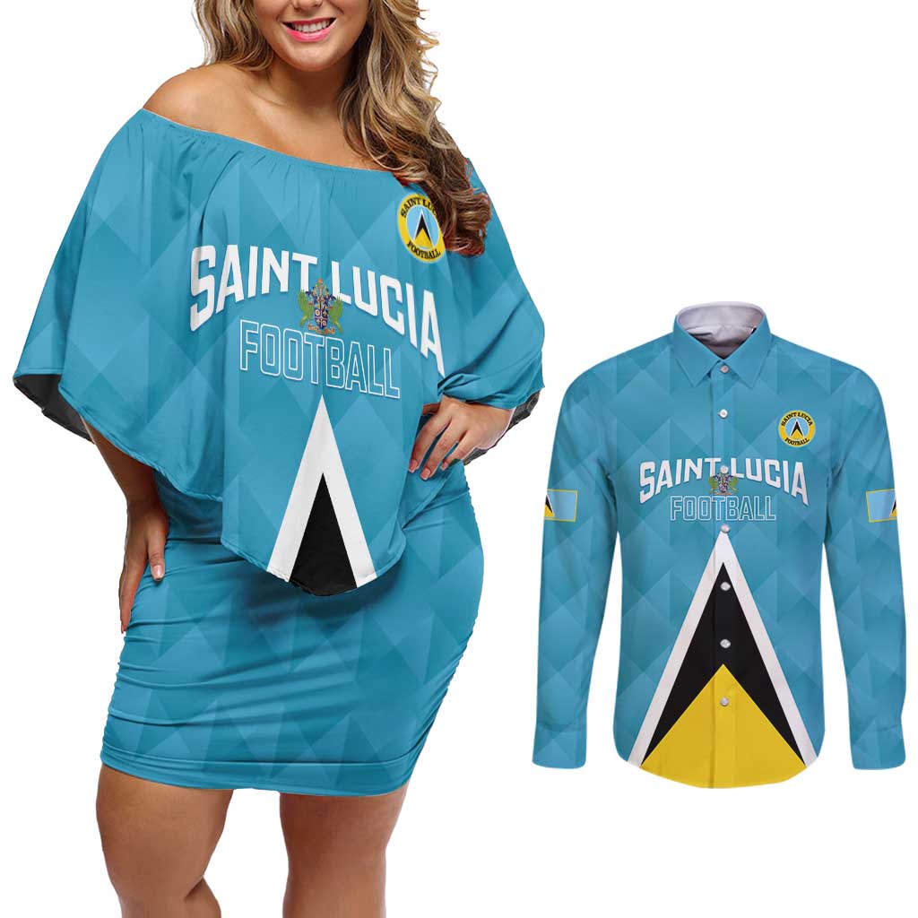 Custom Saint Lucia Football Couples Matching Off Shoulder Short Dress and Long Sleeve Button Shirt Flag Style