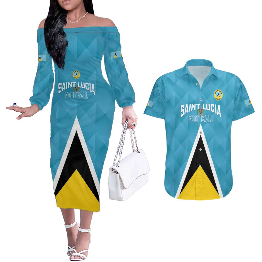 Custom Saint Lucia Football Couples Matching Off The Shoulder Long Sleeve Dress and Hawaiian Shirt Flag Style