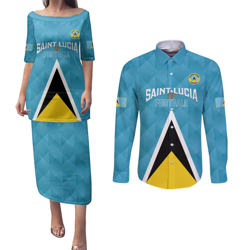 Custom Saint Lucia Football Couples Matching Puletasi and Long Sleeve Button Shirt Flag Style