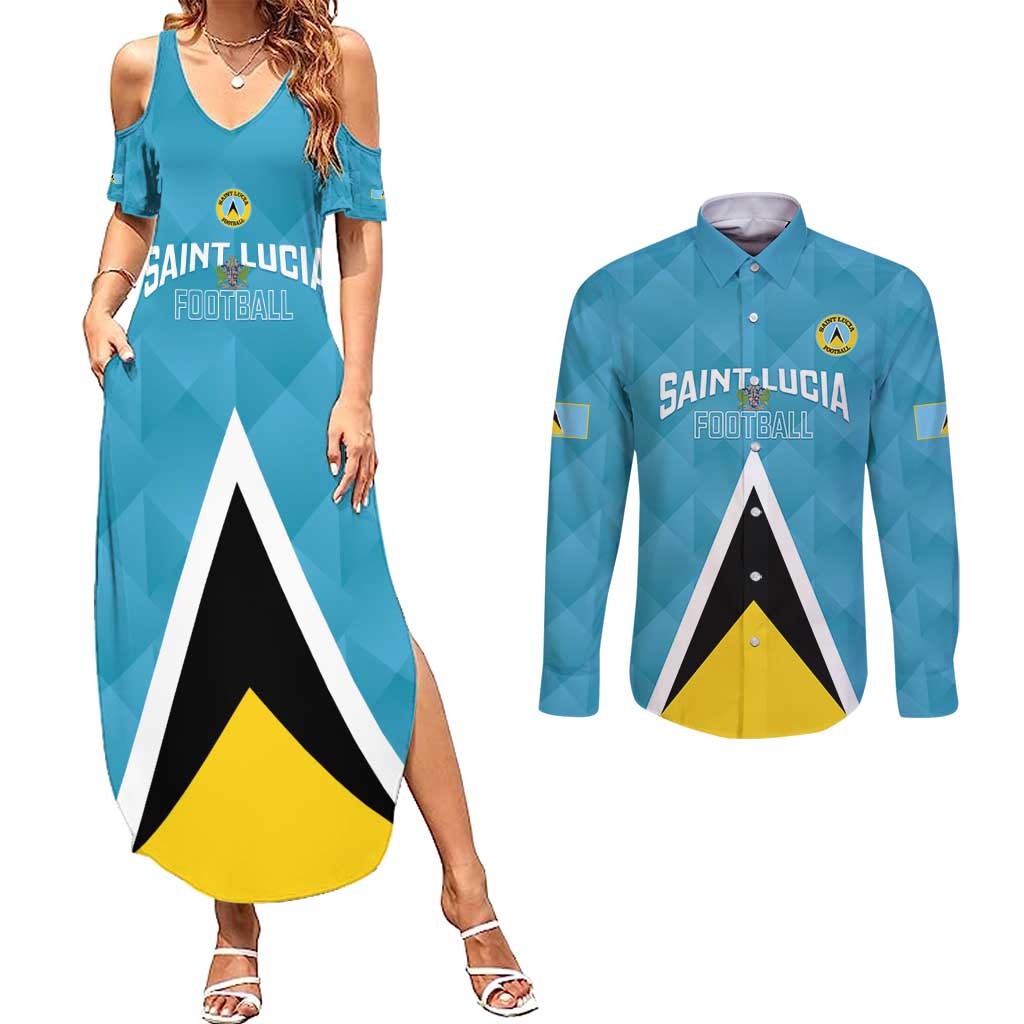 Custom Saint Lucia Football Couples Matching Summer Maxi Dress and Long Sleeve Button Shirt Flag Style