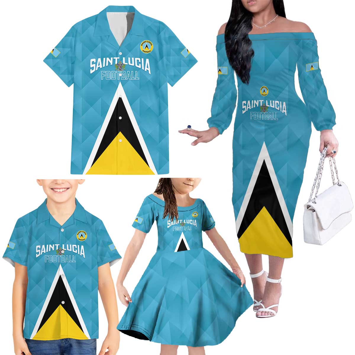 Custom Saint Lucia Football Family Matching Off The Shoulder Long Sleeve Dress and Hawaiian Shirt Flag Style