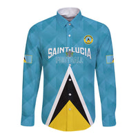 Blue long-sleeve button football shirt with Saint Lucia crest and flag-style triangular print