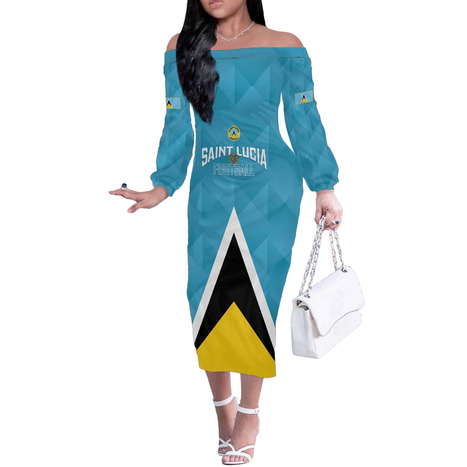 Custom Saint Lucia Football Off The Shoulder Long Sleeve Dress Flag Style