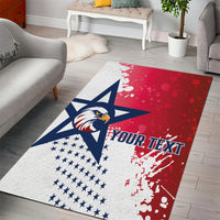 Red and white eagle stars area rug with YOUR TEXT, shown on light wood floor.