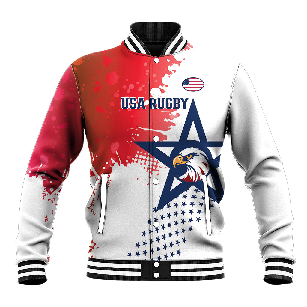 Red varsity rugby baseball jacket with USA Rugby eagle graphic, striped collar and cuffs