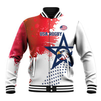 Red varsity rugby baseball jacket with USA Rugby eagle graphic, striped collar and cuffs