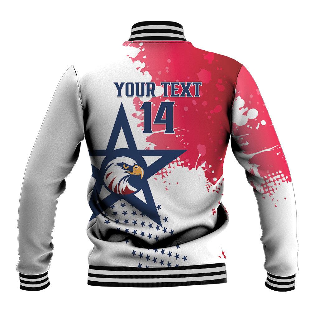 Back of varsity rugby jacket with custom text and number 14, striped ribbed hem