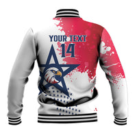 Back of varsity rugby jacket with custom text and number 14, striped ribbed hem