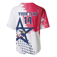 Rugby baseball jersey back with YOUR TEXT 14, red-white-blue splatter and stars