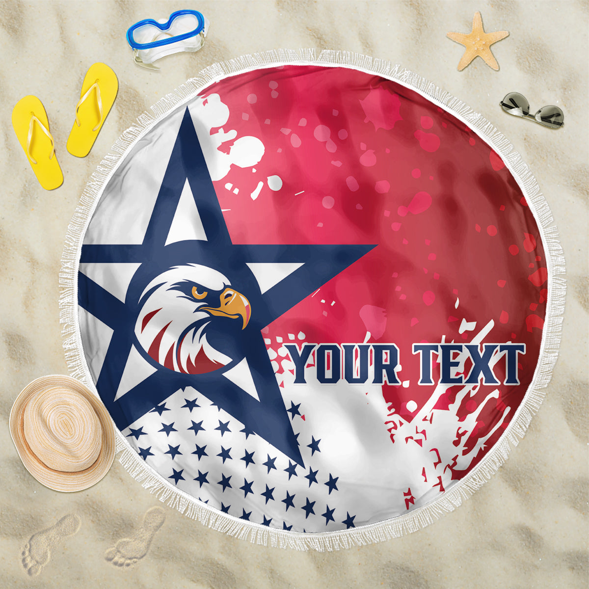 Circular beach blanket with navy eagle graphic, red background, and white fringe edge