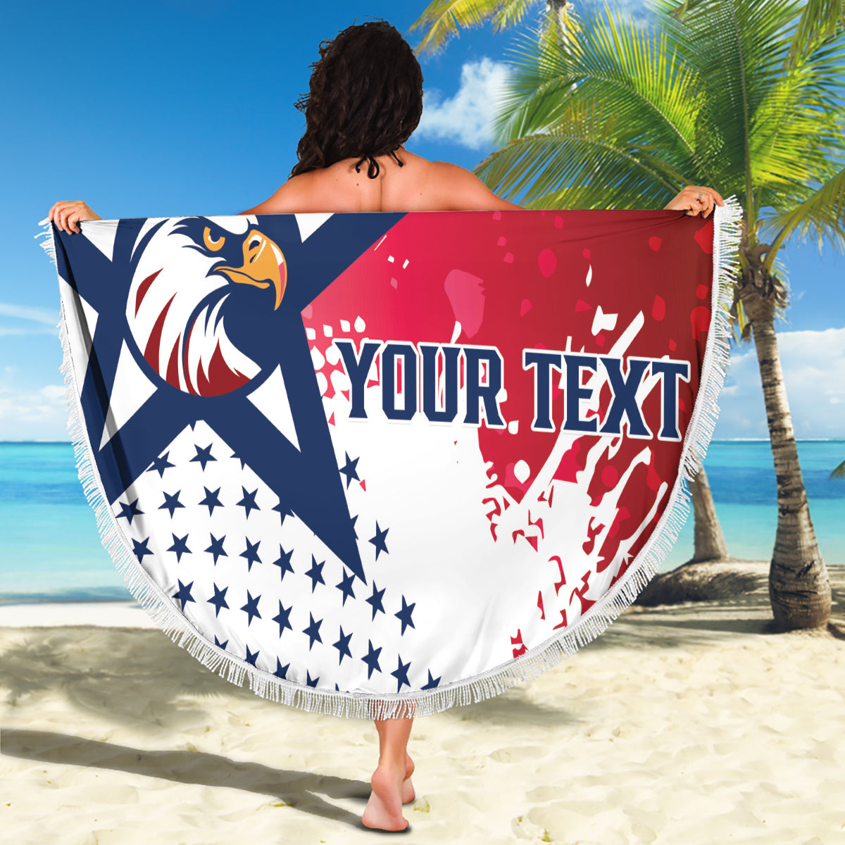 Red, white and blue circular beach blanket with fringe and eagle flag graphic