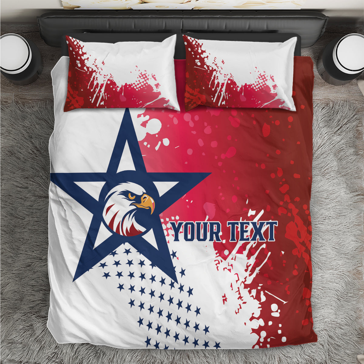 Bedding set: red-and-white duvet with navy star and eagle logo, plus two matching pillows